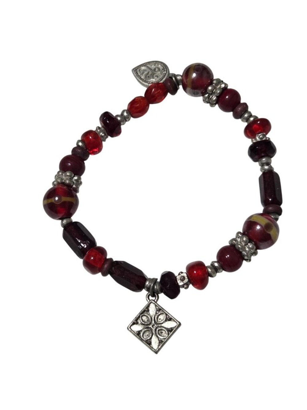 Retro Beaded Charm Bracelet Stretch Red Silver Handmade Fashion Jewelry Women